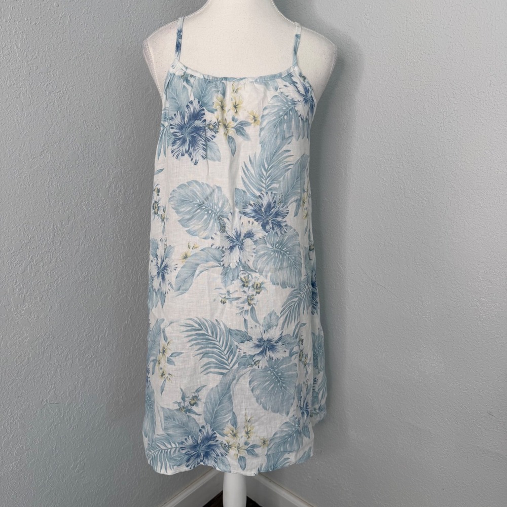 Lungo L'Arno Puro Lino Blue White Tropical Floral Linen Dress Made in Italy M